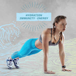 Woman in athletic wear holding a plank pose with hydration, immunity, and energy text above her