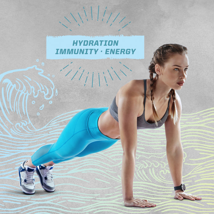 Woman in athletic wear holding a plank pose with hydration, immunity, and energy text above her