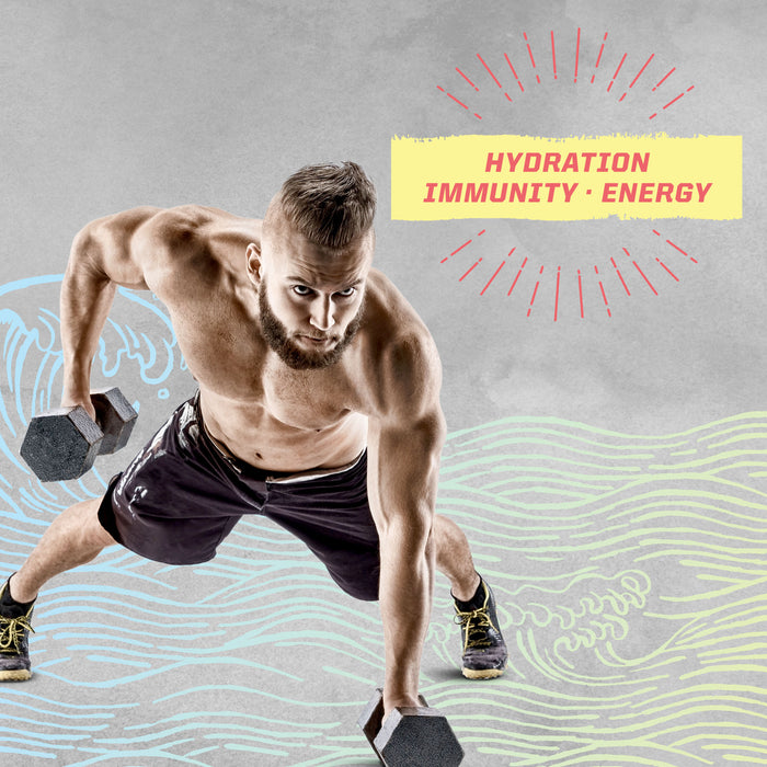 Muscular man in athletic pose holding dumbbells with hydration immunity energy text above