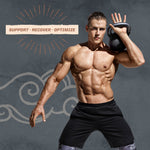 Muscular man holding kettlebell with support recover optimize text and stylized cloud background