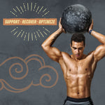Muscular man lifting heavy medicine ball overhead with text 