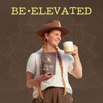 Woman holding a mug and Sunwarrior Organic Cacao powder package with 'BE ELEVATED' text on a brown background