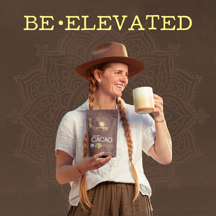 Woman holding a mug and Sunwarrior Organic Cacao powder package with 'BE ELEVATED' text on a brown background