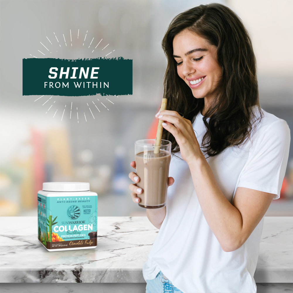 Woman stirring chocolate protein shake in glass with collagen powder container on counter nearby