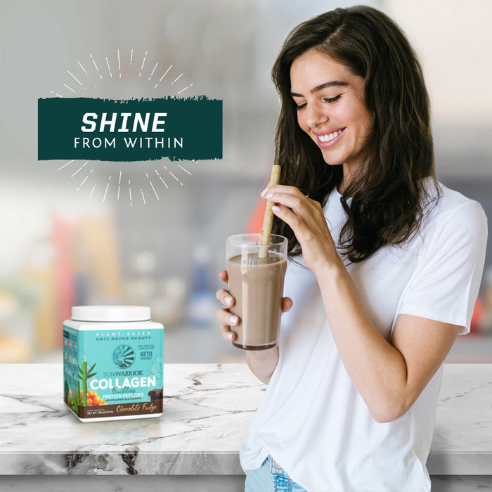 Woman stirring chocolate protein shake in glass with collagen powder container on counter nearby