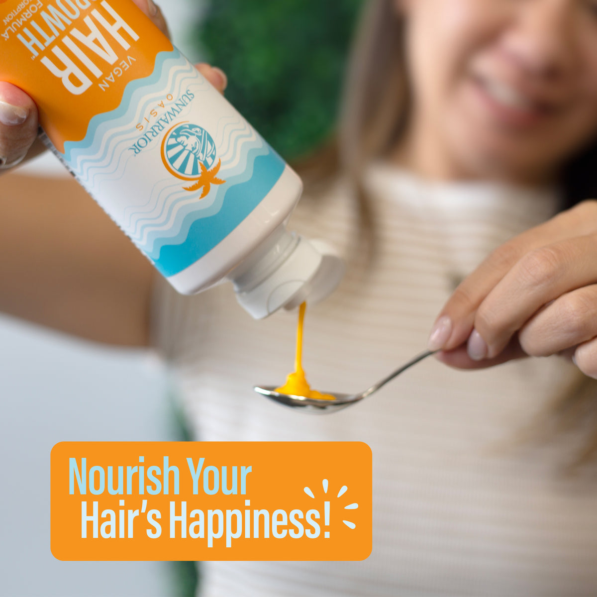 Person pouring thick yellow hair growth serum from a tube onto a spoon with 
