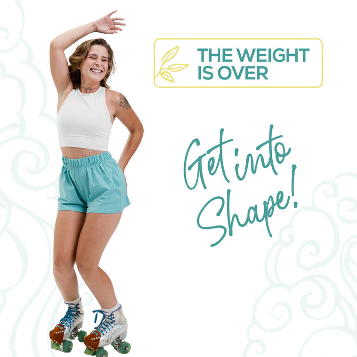 Woman on roller skates with text 'The Weight is Over' and 'Get into Shape!' on a white background