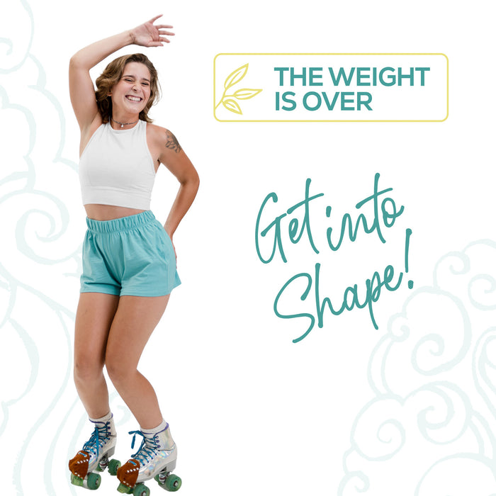 Person on roller skates with 'The Weight is Over' and 'Get into Shape!' text on a white background