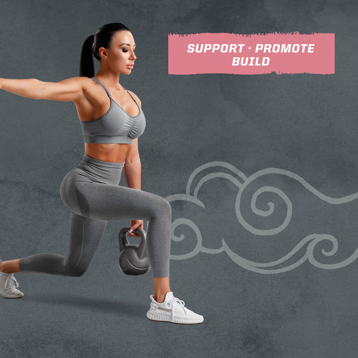Woman in gray workout clothes lunging while holding a kettlebell against a gray background
