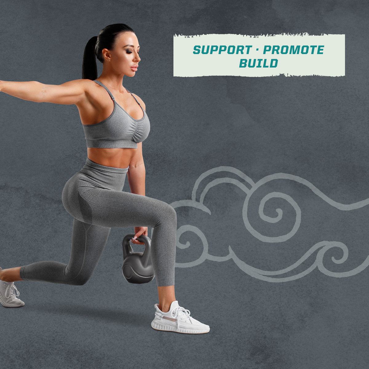 Woman in gray workout clothes holding kettlebell doing a lunge with fitness text above