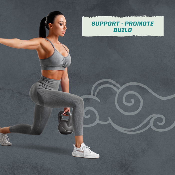 Woman in gray workout clothes holding kettlebell doing a lunge with fitness text above