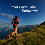 Runner wearing red and black gear ascends a grassy mountain trail under a clear blue sky with text about endurance
