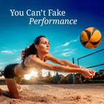 Woman diving to hit a volleyball on sand court at sunset with text about real performance