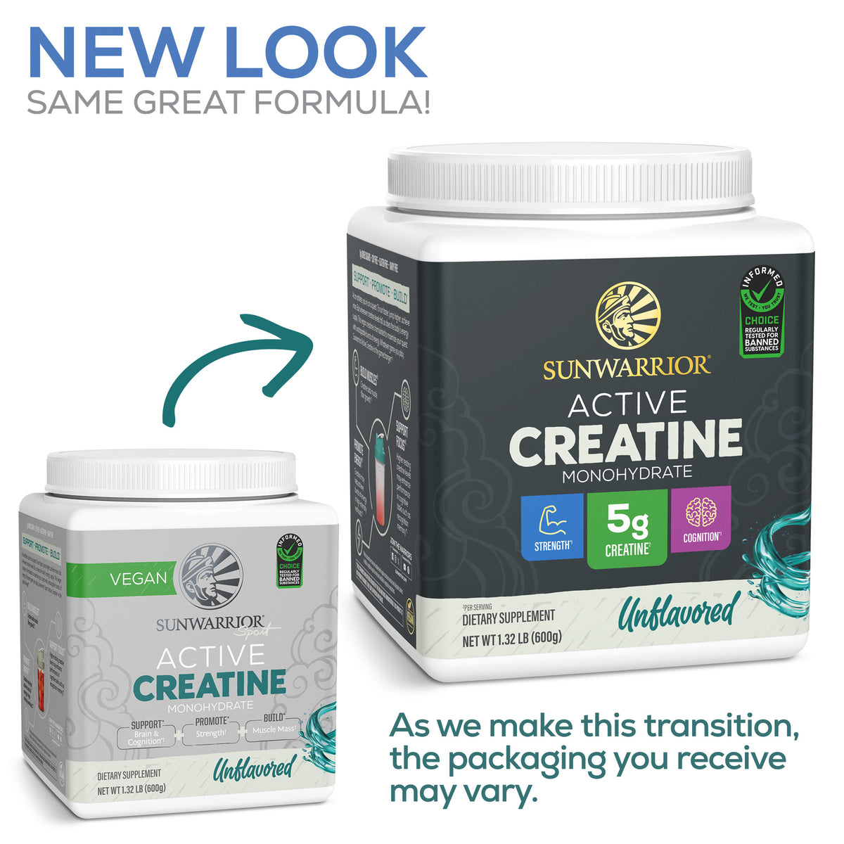 Sunwarrior Active Creatine monohydrate dietary supplement container showing new and old packaging designs