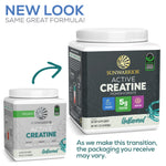 Sunwarrior Active Creatine monohydrate dietary supplement container showing new and old packaging designs