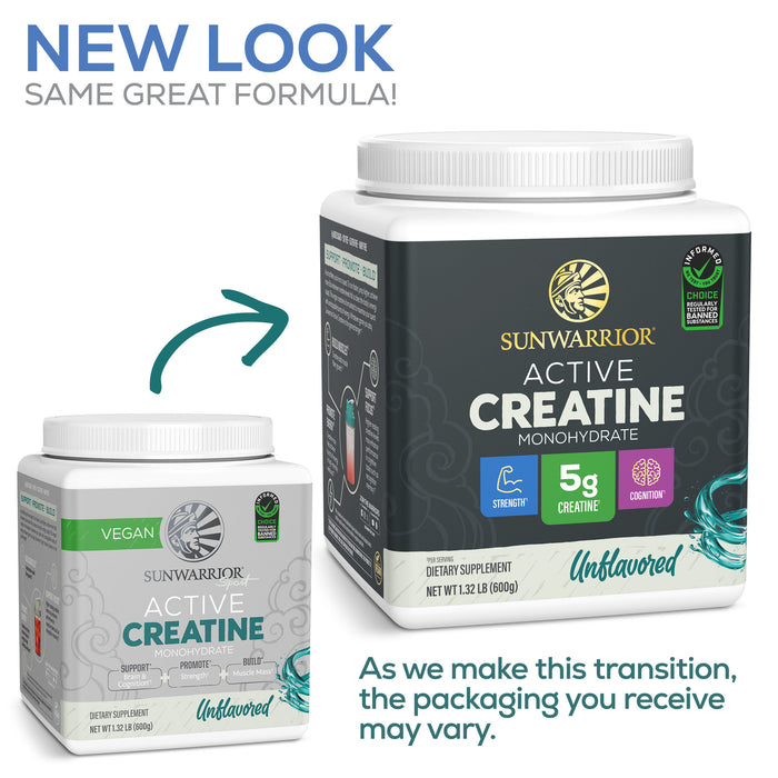 Sunwarrior Active Creatine monohydrate dietary supplement container showing new and old packaging designs