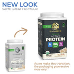 Comparison of old and new Sunwarrior organic active protein powder packaging with cake batter flavor details