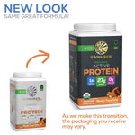 Sunwarrior Organic Active Protein powder packaging showing old and new container designs side by side.