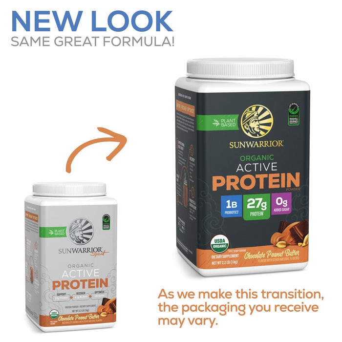 Sunwarrior Organic Active Protein powder packaging showing old and new container designs side by side.