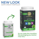 Sunwarrior organic active protein powder container showing old and new plant-based packaging design