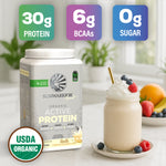 Sunwarrior organic vegan protein powder with vanilla flavor next to a creamy fruit smoothie and nutrition icons