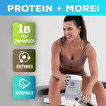 Woman in workout attire smiling and holding a container of plant based protein powder beside icons for probiotics enzymes minerals