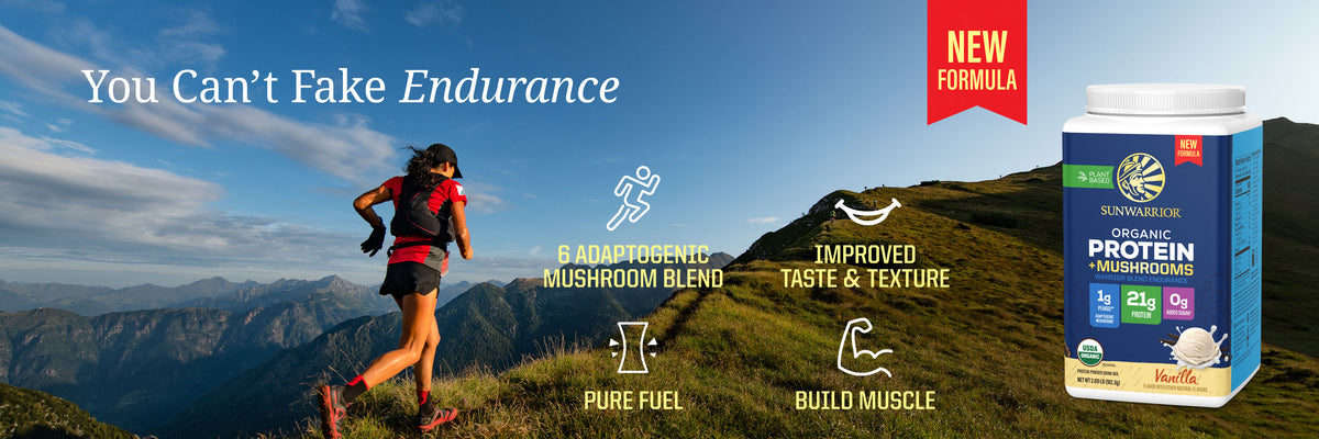 Organic Protein with Adaptogenic Mushrooms - Warrior Blend Endurance Vanilla - Life style banner image desktop