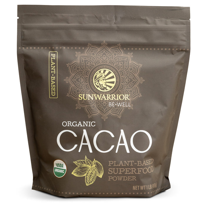 Sunwarrior Organic Cacao powder packaging on a white background