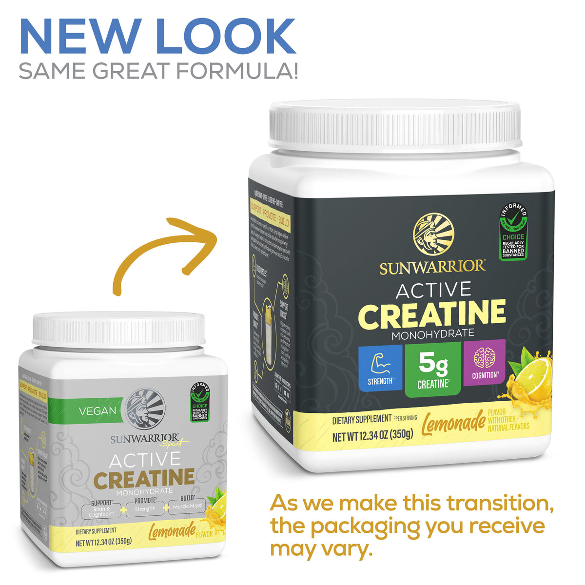 New and old Sunwarrior Active Creatine lemonade flavored supplement containers with product benefits and branding visible