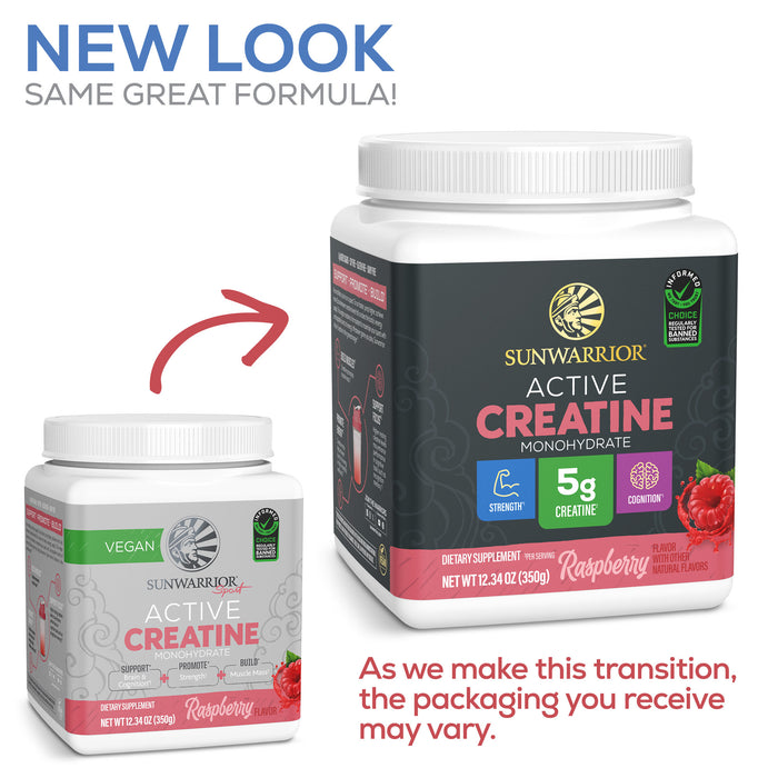 Comparison of old and new Sunwarrior Active Creatine raspberry packaging highlighting the updated container design.
