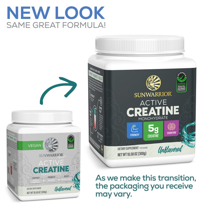 Two Sunwarrior creatine containers showing old and new packaging with text about the formula unchanged