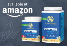 Sunwarrior Protein Warrior Blend containers with Amazon branding on a dark background