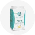 White container of Sunwarrior Slim collagen blend powder with vanilla flavor on white background