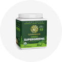 Green container of Sunwarrior Supergreens plant-based powder with green leaves and wheatgrass graphics on label