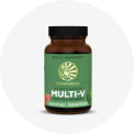 Green-labeled dietary supplement bottle with a black cap on a white circular background