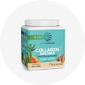 Container of Collagen Builder with plant-based graphics on label against white background
