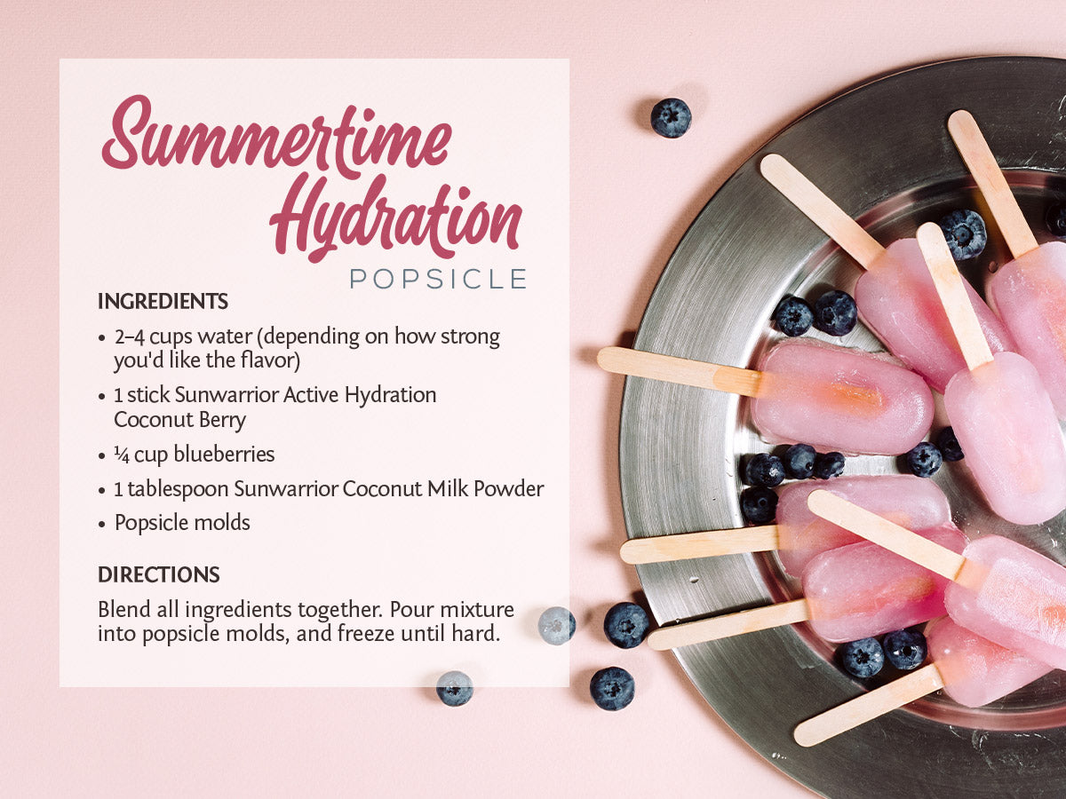 Popsicles on a plate with blueberries and a recipe card for a coconut berry hydration popsicle.