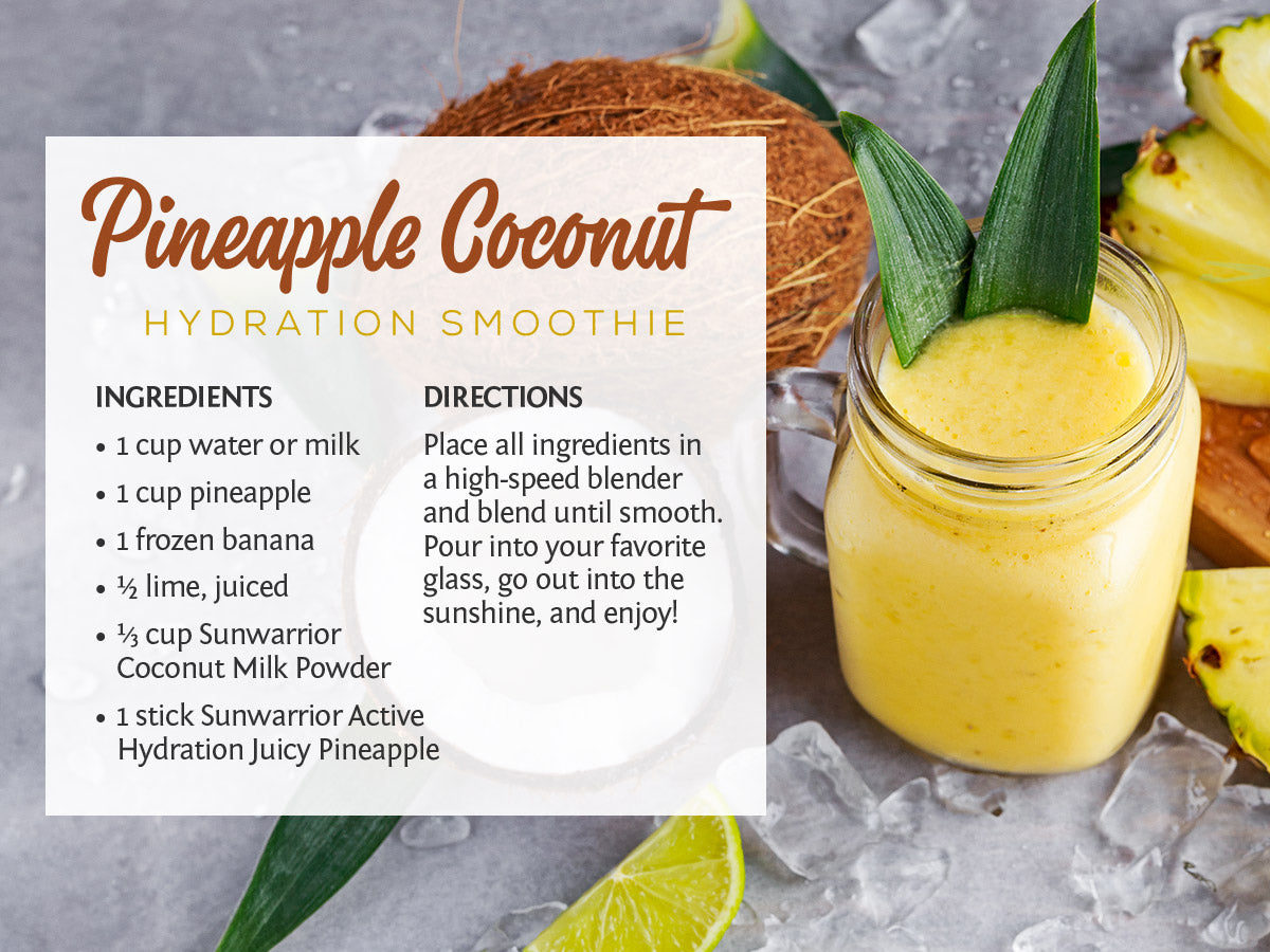 Pineapple coconut hydration smoothie recipe with ingredients and directions beside a glass of yellow smoothie