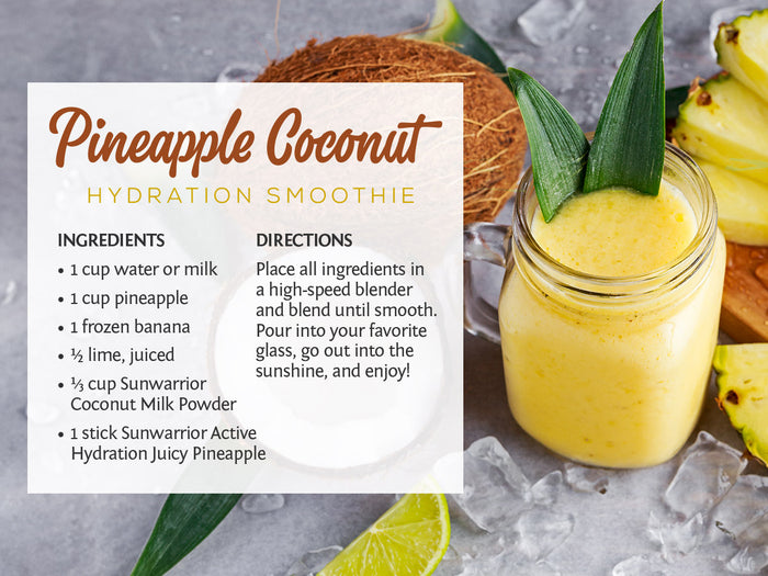 Pineapple coconut hydration smoothie recipe with ingredients and directions beside a glass of yellow smoothie