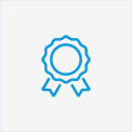 Blue line art icon of a medal with ribbons on a white background