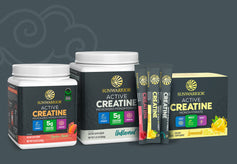 Sunwarrior Active Creatine containers and single-serve stick packs with fruit and lemon flavors.