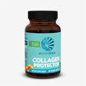 Brown supplement jar labeled Collagen Protector with blue and white branding on white background