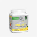 Sunwarrior energy plant-based protein powder container with yellow and white label on white background