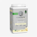 Container of plant-based protein powder labeled active protein with natural ingredients illustration on light background