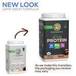 Old and new Sunwarrior Organic Active Protein chocolate tubs showing updated packaging design.