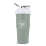Green shaker cup with white lid and spout, featuring a stylized geometric logo on front