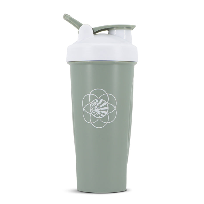 Green shaker cup with white lid and spout, featuring a stylized geometric logo on front