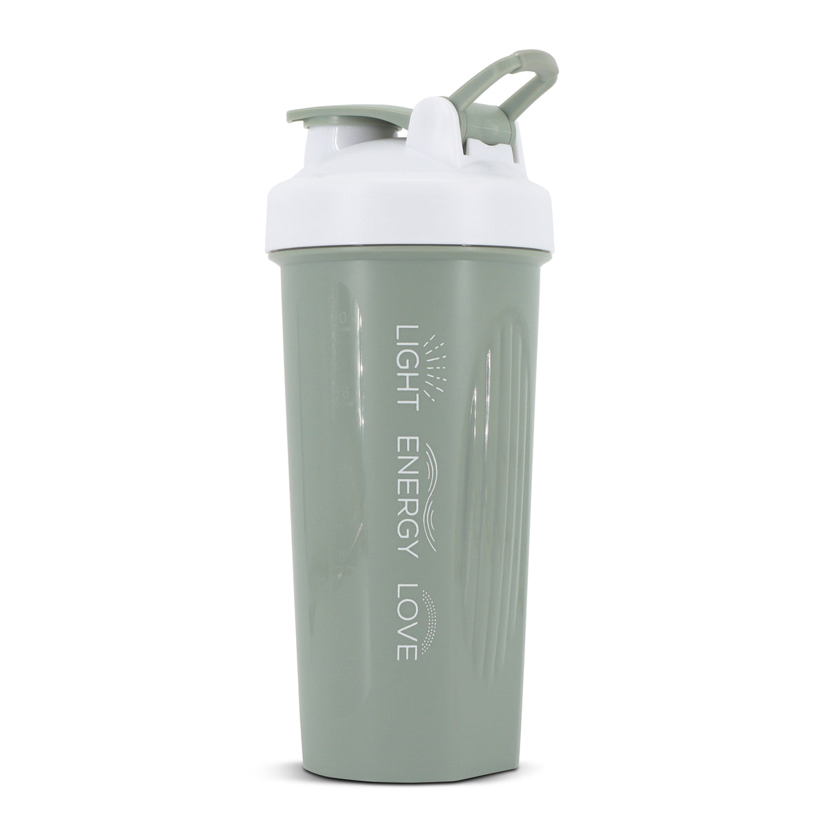 Green protein shaker bottle with white lid and text 
