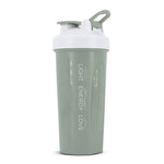 Green protein shaker bottle with white lid and text 