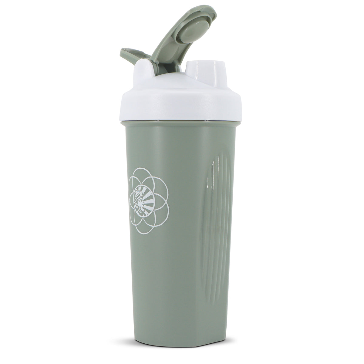 Green shaker bottle with white flip-top lid and geometric sun logo on front